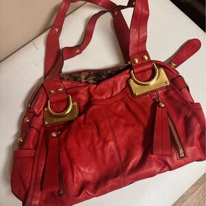 B. Makowsky Red Shoulder Bag with Gold Accents & Matching Wallet